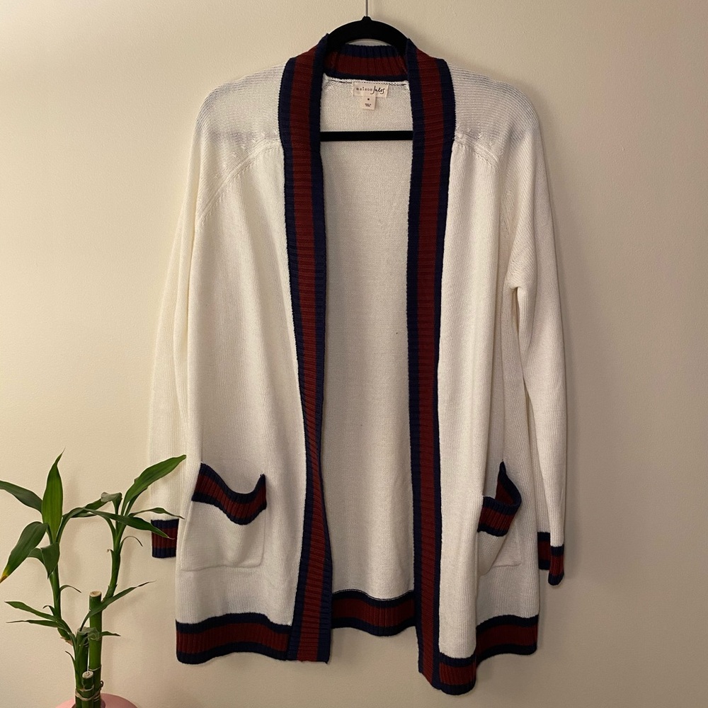Cream with navy/maroon accent trim cardigan